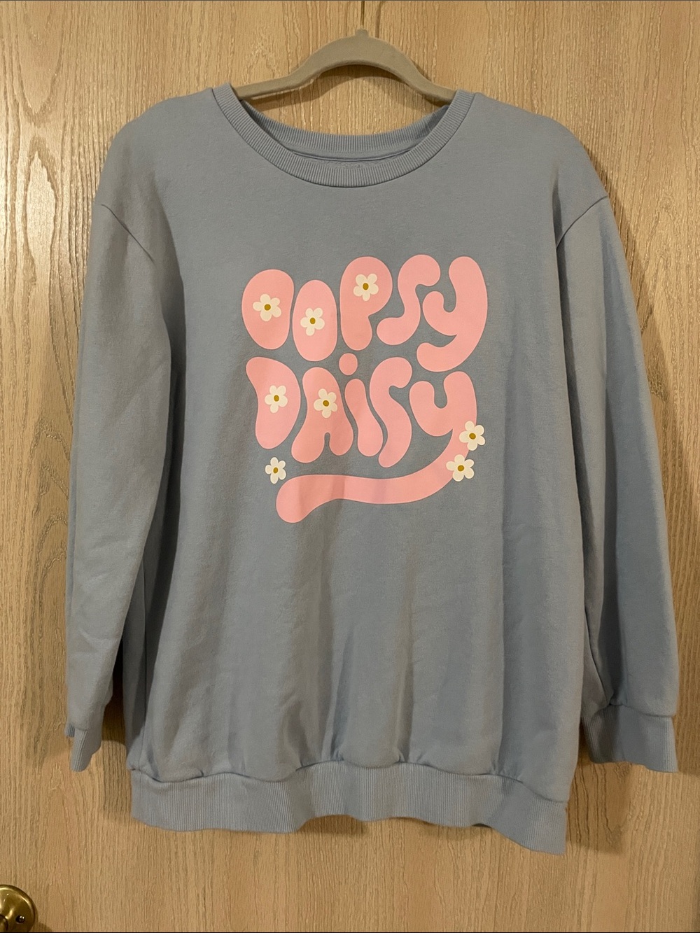 art class Light Blue Crewneck Sweatshirt with Pink 'Oopsy Daisy' Graphic